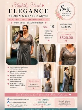 Timeless Elegance Silver Sequin & Draped Formal Gown – Size 18